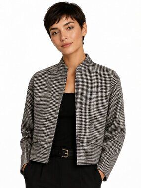 Lauren Ralph Lauren B&W Linen Houndstooth Dolman Sleeve Open Jacket